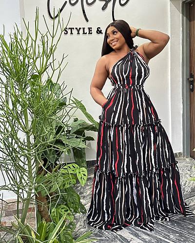 Women Oblique Shoulder Printed Backless Splicing Hem Maxi Dress NY-10708