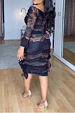 Women Print Pleated Package Hip Stretch Slim Lace Midi Dress NY-10740