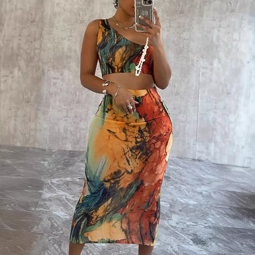 Sexy Printed Women Single Shoulder Crop Top And Package Hip Long Skirt NY-10758