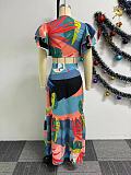 Fashion Printed Women Ruffles Bandage Patchwork Long Skirt Sets NY-10760