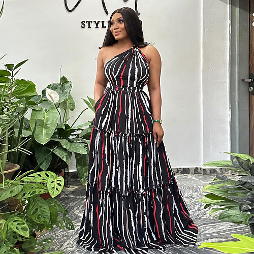 Women Oblique Shoulder Printed Backless Splicing Hem Maxi Dress NY-10708