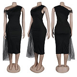 Black Oblique Shoulder Mesh Sleeveless Split Maxi Dress NY-10753