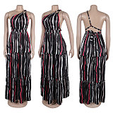 Women Oblique Shoulder Printed Backless Splicing Hem Maxi Dress NY-10708