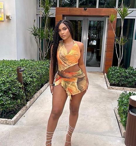 Sexy Print Girls Halter Hollow-out Backless Mini Dresses NY-3171
