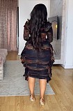 Women Print Pleated Package Hip Stretch Slim Lace Midi Dress NY-10740