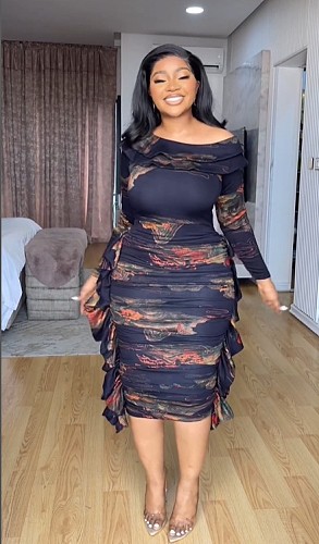 Women Print Pleated Package Hip Stretch Slim Lace Midi Dress NY-10740
