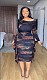 Women Print Pleated Package Hip Stretch Slim Lace Midi Dress NY-10740