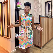 Fashion Printed Women Sleeveless Lapel Buttons Mini Dress NY-10756