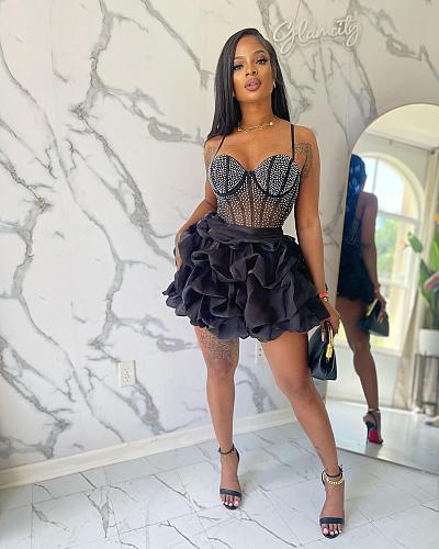 Women Hot Drilling Straps Sexy Short Cake Pomp Dress NY-2820