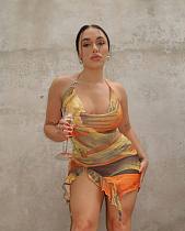 Sexy Print Girls Halter Hollow-out Backless Mini Dresses NY-3171