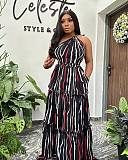 Women Oblique Shoulder Printed Backless Splicing Hem Maxi Dress NY-10708