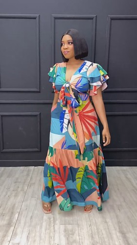 Fashion Printed Women Ruffles Bandage Patchwork Long Skirt Sets NY-10760