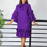 Elegant Lady Solid Color Flounced Flared Sleeves Midi Dress AITE-488