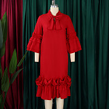 Elegant Lady Solid Color Flounced Flared Sleeves Midi Dress AITE-488