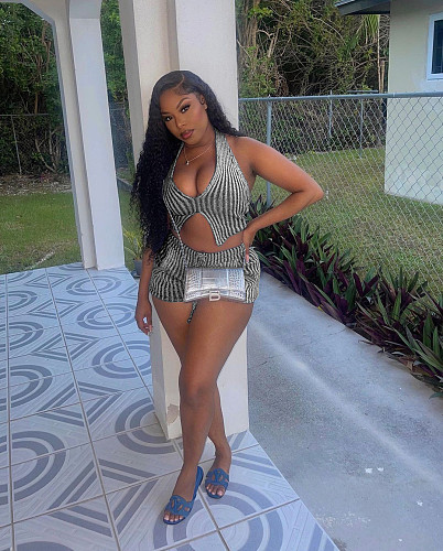 Sexy Women Stripes Halter Vest And Shorts 2 Pieces Suits TR-1301