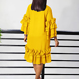 Elegant Lady Solid Color Flounced Flared Sleeves Midi Dress AITE-488
