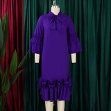 Elegant Lady Solid Color Flounced Flared Sleeves Midi Dress AITE-488