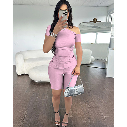 Sexy Oblique Shoulder Short Sleeves Tops And Skinny Shorts FOS-8389
