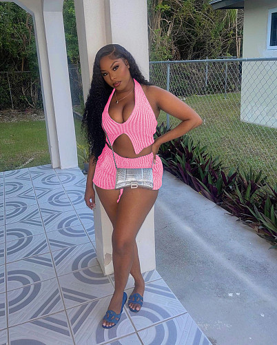 Sexy Women Stripes Halter Vest And Shorts 2 Pieces Suits TR-1301