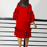 Elegant Lady Solid Color Flounced Flared Sleeves Midi Dress AITE-488