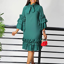 Elegant Lady Solid Color Flounced Flared Sleeves Midi Dress AITE-488