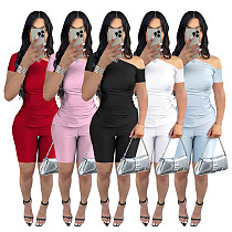 Sexy Oblique Shoulder Short Sleeves Tops And Skinny Shorts FOS-8389