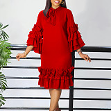 Elegant Lady Solid Color Flounced Flared Sleeves Midi Dress AITE-488