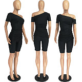 Sexy Oblique Shoulder Short Sleeves Tops And Skinny Shorts FOS-8389