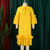 Elegant Lady Solid Color Flounced Flared Sleeves Midi Dress AITE-488