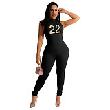 Number Embroidery Turtleneck Sleeveless Jumpsuits DD-88161