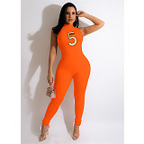 Number Embroidery Turtleneck Sleeveless Jumpsuits DD-88161