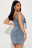 Fashion Women Zipper Shoulder Strap Sleeveless Short Denim Dress YUN-51090