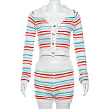 New Fall Hole Button Crop Top + Shorts Matching Sets Outfits DY-6685