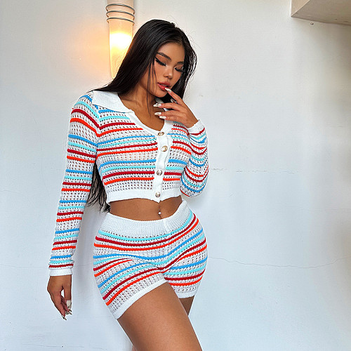 New Fall Hole Button Crop Top + Shorts Matching Sets Outfits DY-6685