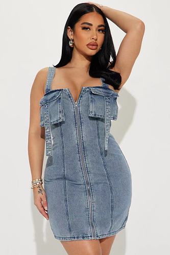 Fashion Women Zipper Shoulder Strap Sleeveless Short Denim Dress YUN-51090