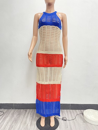 Sexy Transparent Knit Mesh Split Color Matching Maxi Dress NIYA-8166