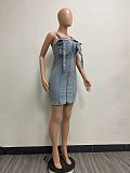Fashion Women Zipper Shoulder Strap Sleeveless Short Denim Dress YUN-51090