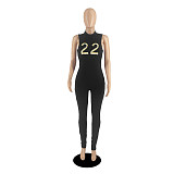 Number Embroidery Turtleneck Sleeveless Jumpsuits DD-88161