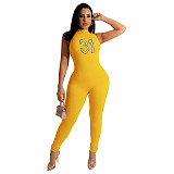 Number Embroidery Turtleneck Sleeveless Jumpsuits DD-88161