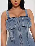 Fashion Women Zipper Shoulder Strap Sleeveless Short Denim Dress YUN-51090
