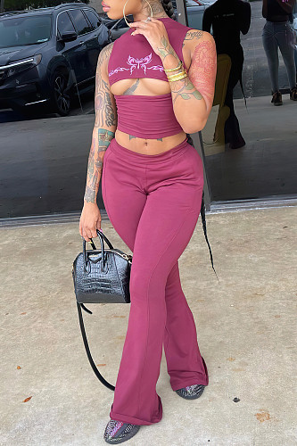 Sexy Hollow-out Crop Top And Long Pants Rose Red Women 2 Pieces Sets RS-0422