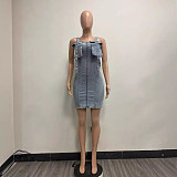 Fashion Women Zipper Shoulder Strap Sleeveless Short Denim Dress YUN-51090