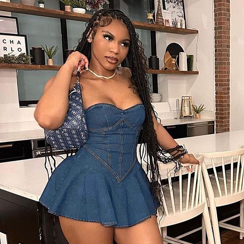 Sexy Strapless Imitation Denim Package Hip Short Dress FL-24094