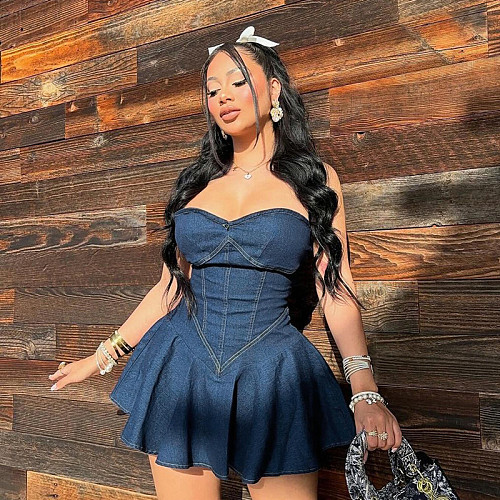 Sexy Strapless Imitation Denim Package Hip Short Dress FL-24094