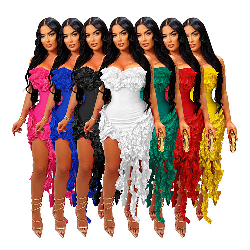 Sexy Strapless Solid Color Ruffles Split Long Club Dress AIL-262