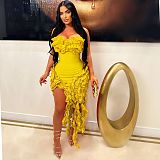 Sexy Strapless Solid Color Ruffles Split Long Club Dress AIL-262