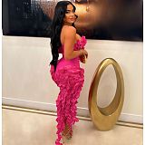 Sexy Strapless Solid Color Ruffles Split Long Club Dress AIL-262