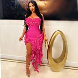 Sexy Strapless Solid Color Ruffles Split Long Club Dress AIL-262