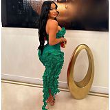 Sexy Strapless Solid Color Ruffles Split Long Club Dress AIL-262