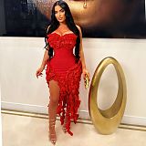 Sexy Strapless Solid Color Ruffles Split Long Club Dress AIL-262